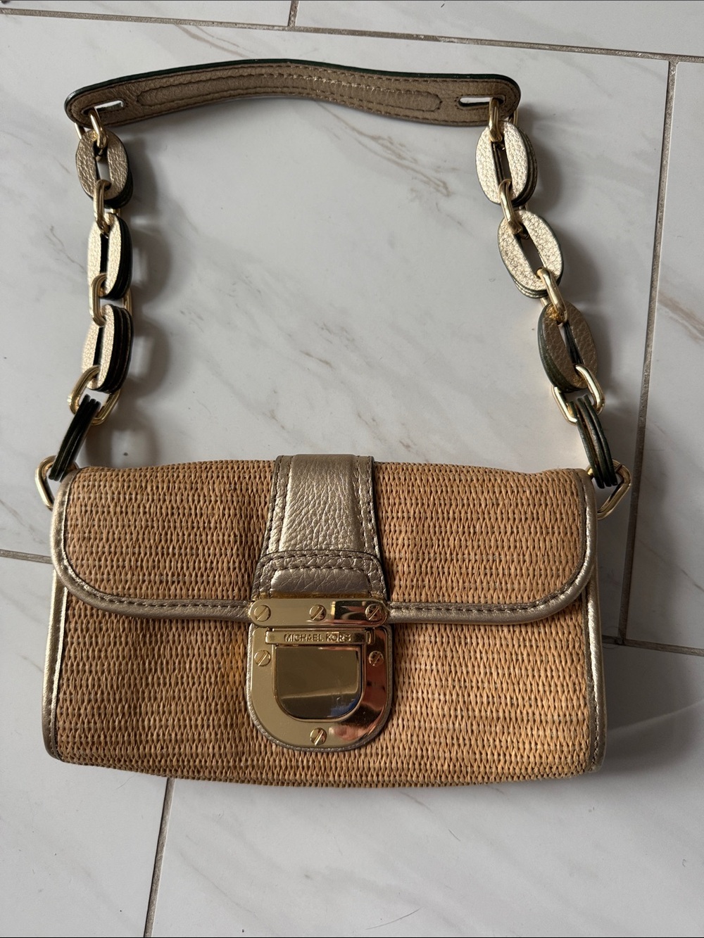 MICHAEL Michael Kors Tan Woven Shoulder Bag with Gold Hardware